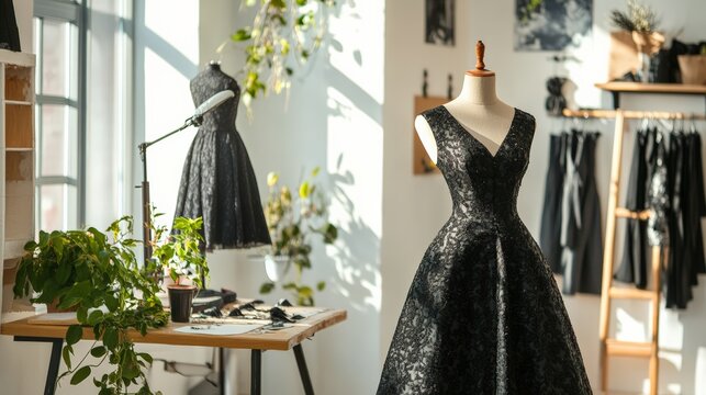 Sunlight streaming into a fashion designer's studio highlights an elegant black dress on a mannequin, revealing intricate details among sewing tools and plants - Powered by Adobe