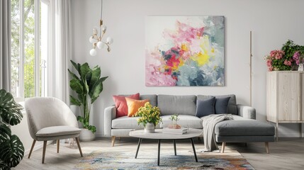 Modern living room, colorful abstract art, sunny window, plants, interior design