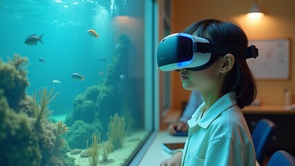 Asian student exploring marine life through VR in a classroom setting, immersed in learning