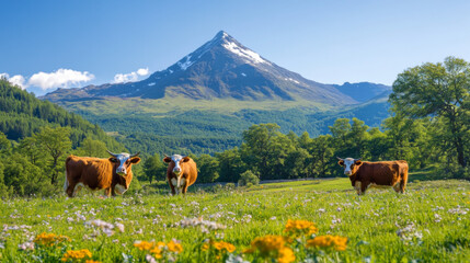 Fototapeta premium Cows grazing in a scenic meadow with a snow-capped mountain backdrop