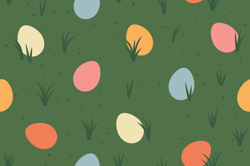 seamless pattern with colorful easter eggs in the grass; concept of egg hunt which is a children game typically played during Easter- vector illustration