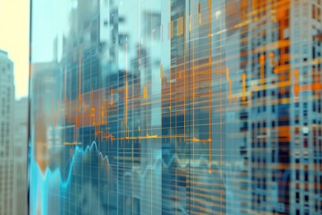 Abstract digital interface with glowing lines and patterns overlays a cityscape