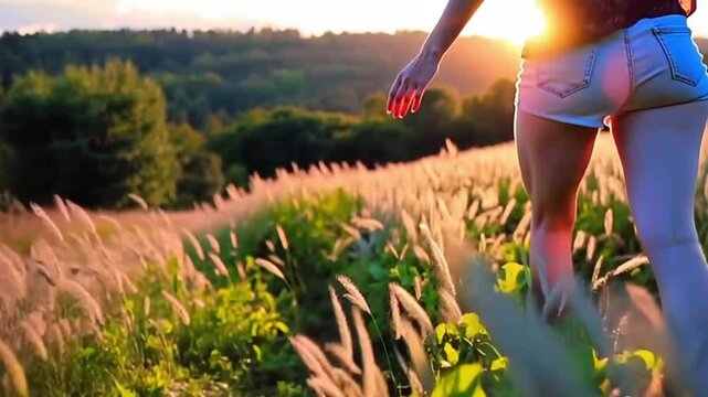 B roll - Hand of woman touching meadow in the rays of the sunset summer, Female walks through the field in thick high grass, slow motion 4K stock video