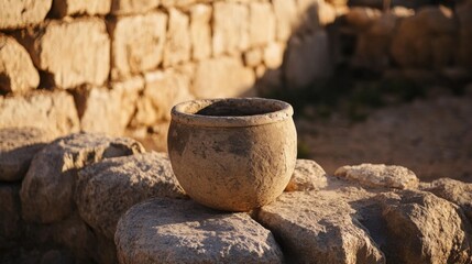 Fototapeta premium Ancient clay pot rests on rocks near old stone wall at sunset.