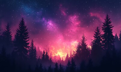Fototapeta premium Cosmic Violet and Pink Skies Above a Dark Forest, HD Phone Wallpaper