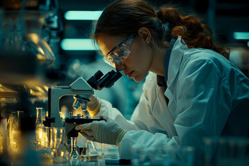 Innovative female scientist conducting research with microscope and glass beakers in hospital laboratory using modern technology.