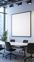 Modern meeting room featuring a large blank vertical frame mockup on a light blue wall, a white table, black chairs, a plant, and a city view through a large window