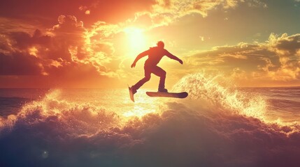 silhouette of a person surfing on a wave during a vibrant sunset