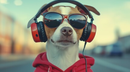 Dog wearing headphones and sunglasses enjoys music on a sunny day in an urban setting with a relaxed vibe
