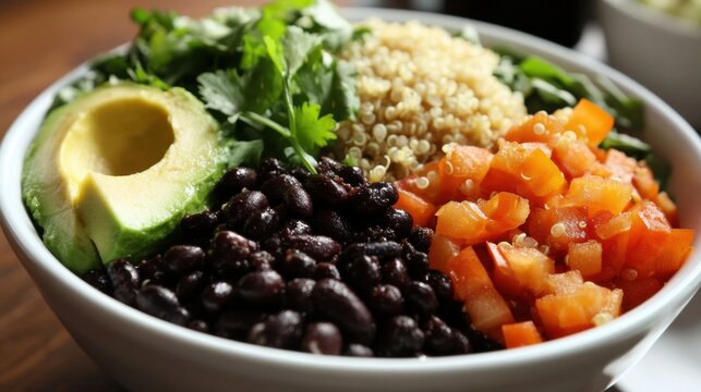 A close-up of a vegan protein bowl, featuring quinoa, black beans