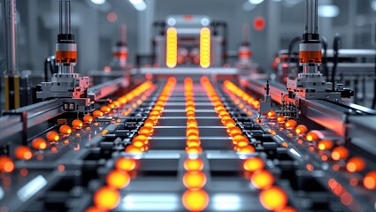 Obraz premium High-tech automated assembly line focusing on orange components in a factory setup