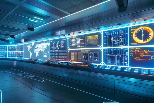 A futuristic control room displays numerous screens showing global maps, data streams, and system controls. Illuminated in blue and orange, it suggests advanced technology and monitoring capabilities.