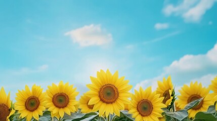 Obraz premium A vast field of sunflowers under a bright blue sky, with the flowers swaying gently in the breeze