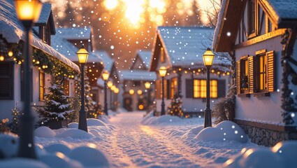 Winter wonderland with snow-covered cottages and festive lights at sunset