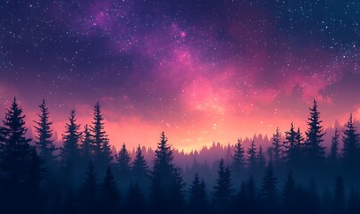 Violet and Pink Star Field with Forest Silhouette, HD Phone Wallpaper Featuring AI Artistry