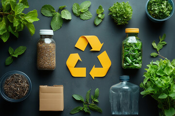 A minimalist poster design promoting recycling and zero waste, with bold text and icons. Bright lighting, contrast