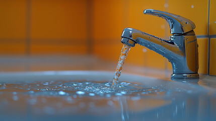 A minimalist representation of water conservation, showing a faucet and a drop of water. Bright lighting, contrast