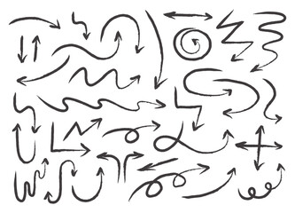 Arrows set freehand, Sign, Symbol, Line art, Arrow mark icons, Hand drawn arrow collection. Handmade vector illustration isolated on white background.