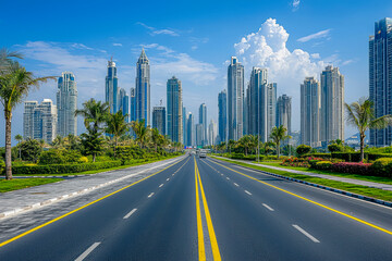 Obraz premium Urban Jungle A Spectacular View of Skyscrapers Lining a Broad City Street