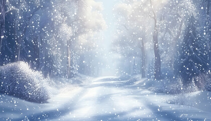 Panoramic winter landscape snow-covered highway through a scenic forest under falling snow