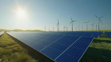 Solar panels and wind turbines in a green landscape under a bright sun