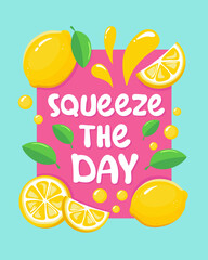 Colorful lemon vector illustration with text squeeze the day.
vitamin vector abstract square illustration for banner, poster, flyer, banner, social media. Cartoon flat style.