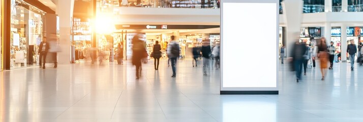 Blurred crowd of shoppers moving through a brightly lit mall, with a large, blank vertical banner offering ample advertising space for creative design mockups and promotional messages