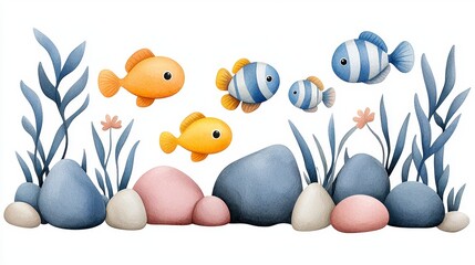 Colorful Cartoon Fish Swimming Among Rocks and Seaweed in Water