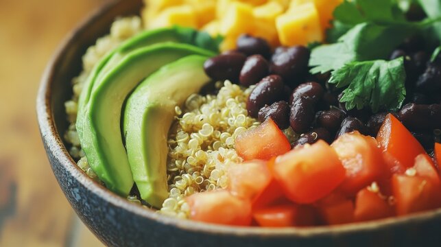 A close-up of a vegan protein bowl, featuring quinoa, black beans