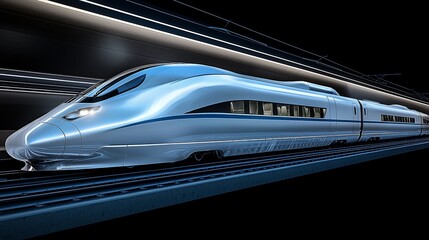 Fototapeta premium Sleek high-speed train speeding through a dark tunnel.