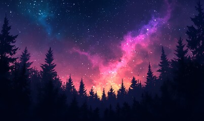 Violet and Pink Starry Sky with Forest Silhouette Below, Stunning HD Phone Wallpaper Design