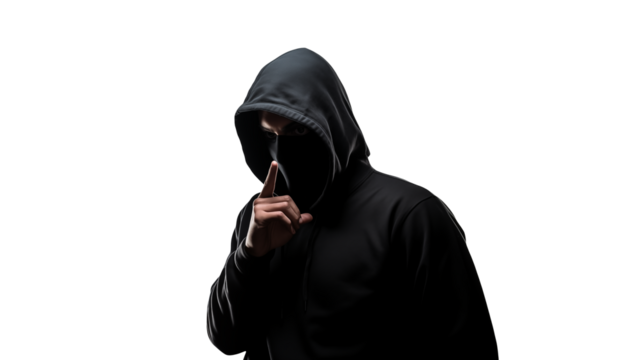 Mysterious Figure in Black Hoodie Hiding Face Secret Anonymous Cybersecurity Hacker