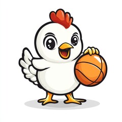 Cute chicken holding basketball, cartoon character, cheerful expression