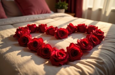 A heart-shaped arrangement of rose petals on a bed