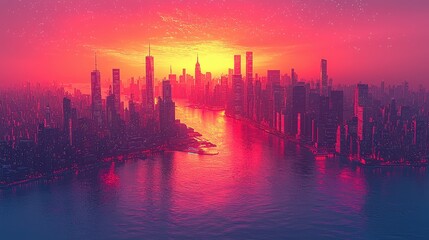 Fototapeta premium Cityscape Sunset Over River With Skyscrapers