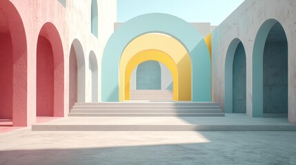 Naklejka premium Pastel Arches: An abstract architectural composition features a series of colorful arches in pastel hues, creating a vibrant and whimsical space.