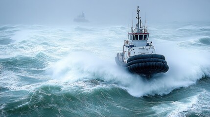 Tugboat navigating stormy sea.