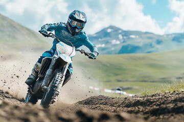 Motocross rider racing dirt bike, mountain background