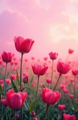 A meadow full of heart-shaped flowers blooming under a pink sky