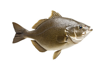 Detailed closeup of Pacific Halibut fish with shiny scales, fins and tail isolated on white transparent background, concept of marine life