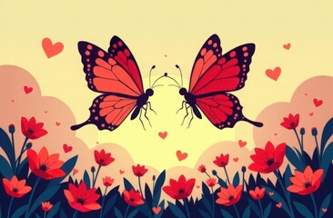 A pair of butterflies, flying together over a colorful garden