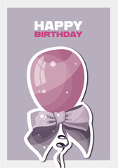 Birthday card with balloons, hearts, bows. Handwritten lettering. Birthday party, celebration, congratulations, invitation concept. Vector illustration. Postcard, card, cover.