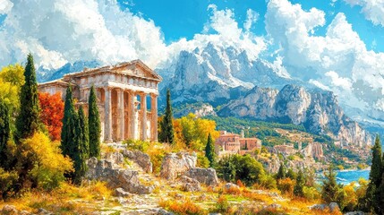 Ancient Temple Amidst Majestic Mountains and Autumnal Foliage
