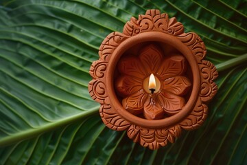 Eco friendly Diwali lamp on green leaf background.