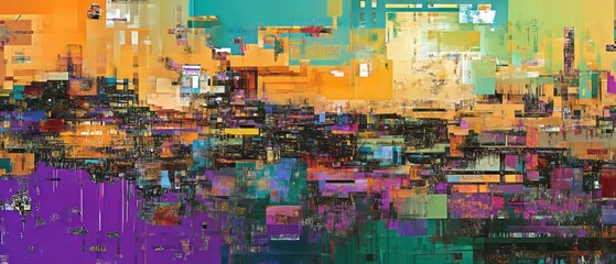 Glitched abstract composition showcasing vibrant colors and digital fragmentation in modern art