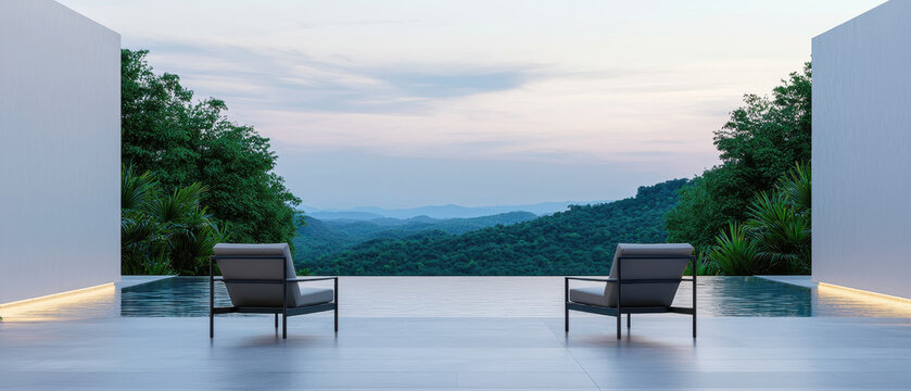 Pool backyard with two modern chairs and Mountain view