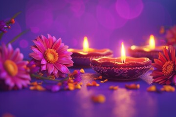 Colorful clay diya lamps with flowers on purple background