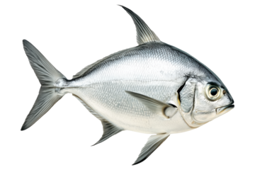 A silver Pomfret fish with striking details of fins and scales isolated on white Transparent background. Represents aquatic life and marine biology