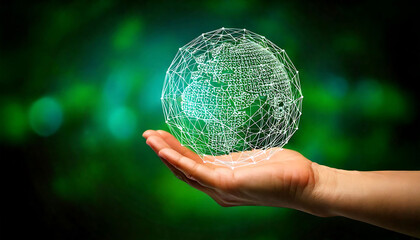 A hand gently cradles a luminous, digital globe, symbolizing global connection and technological advancement.  Perfect for concepts related to networking, sustainability, or worldwide communication.
