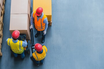 Workers in safety gear operate a pallet jack to move boxes in a warehouse, showcasing efficient logistics and teamwork.